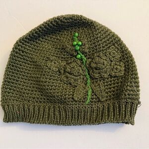 Green Knit Beanie with Floral Design